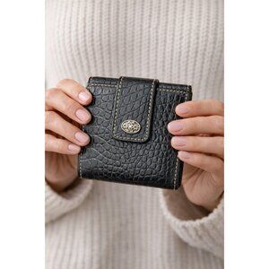 Brighton Black Leather Croc Embossed Wallet Trifold Organizer Snap Closure Pink